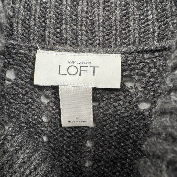 LOFT Charcoal Gray Wool Blend Open Knit Cowl Neck Asymmetrical Hem Sweater - Picture 10 of 11